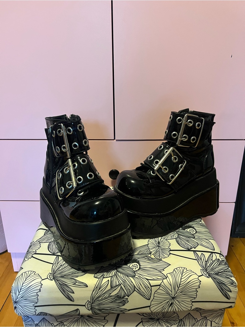 Demonia Bear Platform Ankle Boots with Buckle Straps
